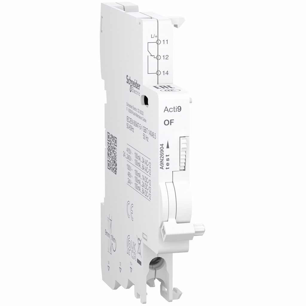 Pomožni kontakt, Acti9 A9N, OF, 1 C/O, 100mA do 6A, 24VAC do 415VAC, 24VDC do 130VDC, spodnji priklj.